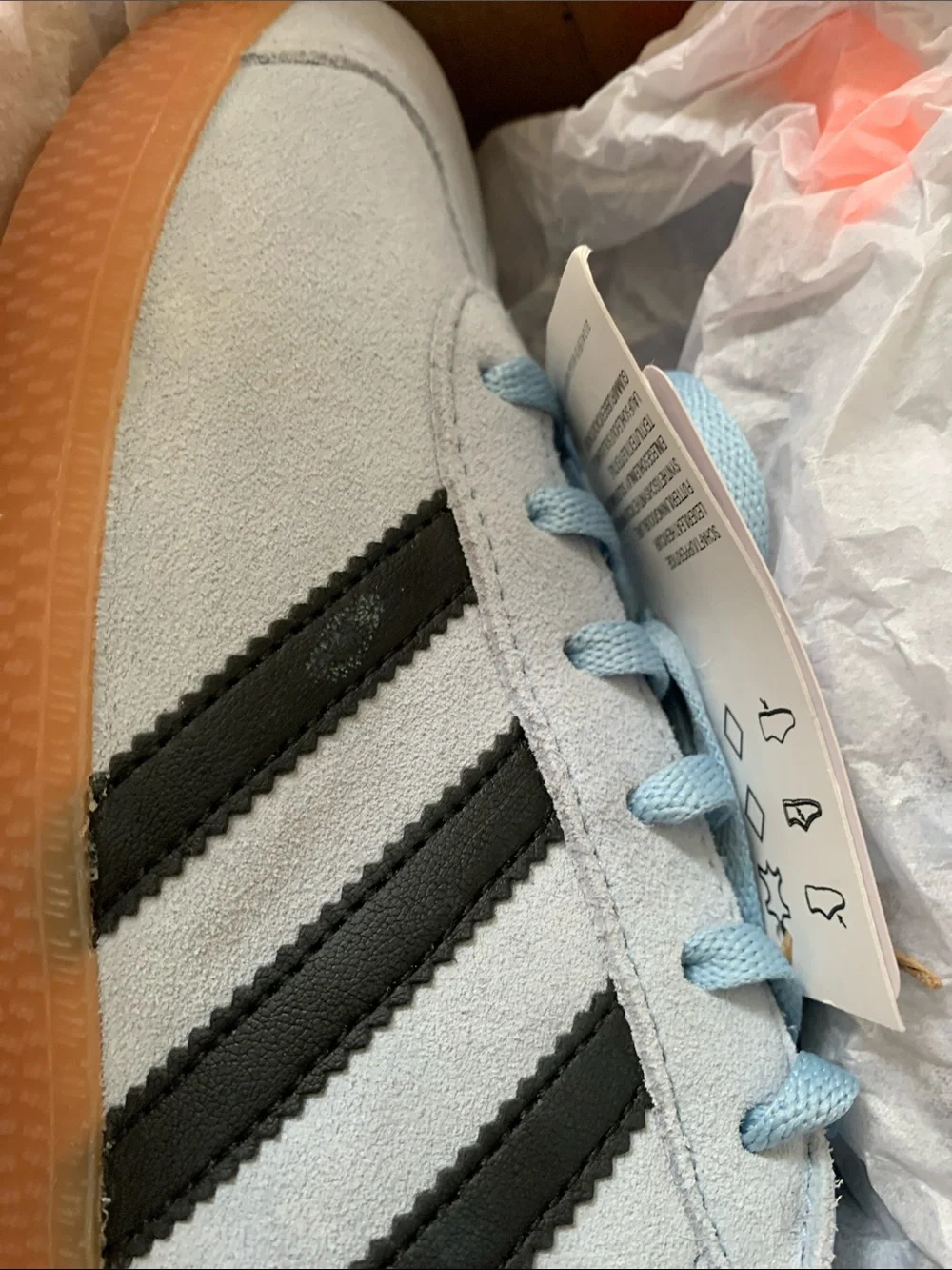 NWT adidas Kids Light Blue Suede Gazelle with Black Stripes and Orange Heel